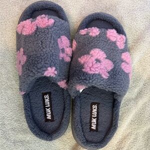 Muk Luks Charcoal and Pink Floral Slippers
